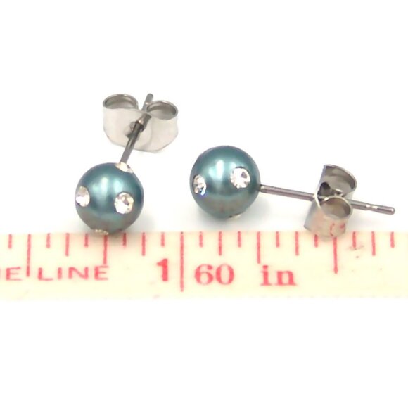 Tahitian Pearl Stud Earrings Faux 6 mm Surgical Steel Hypoallergenic CZ - Picture 2 of 4